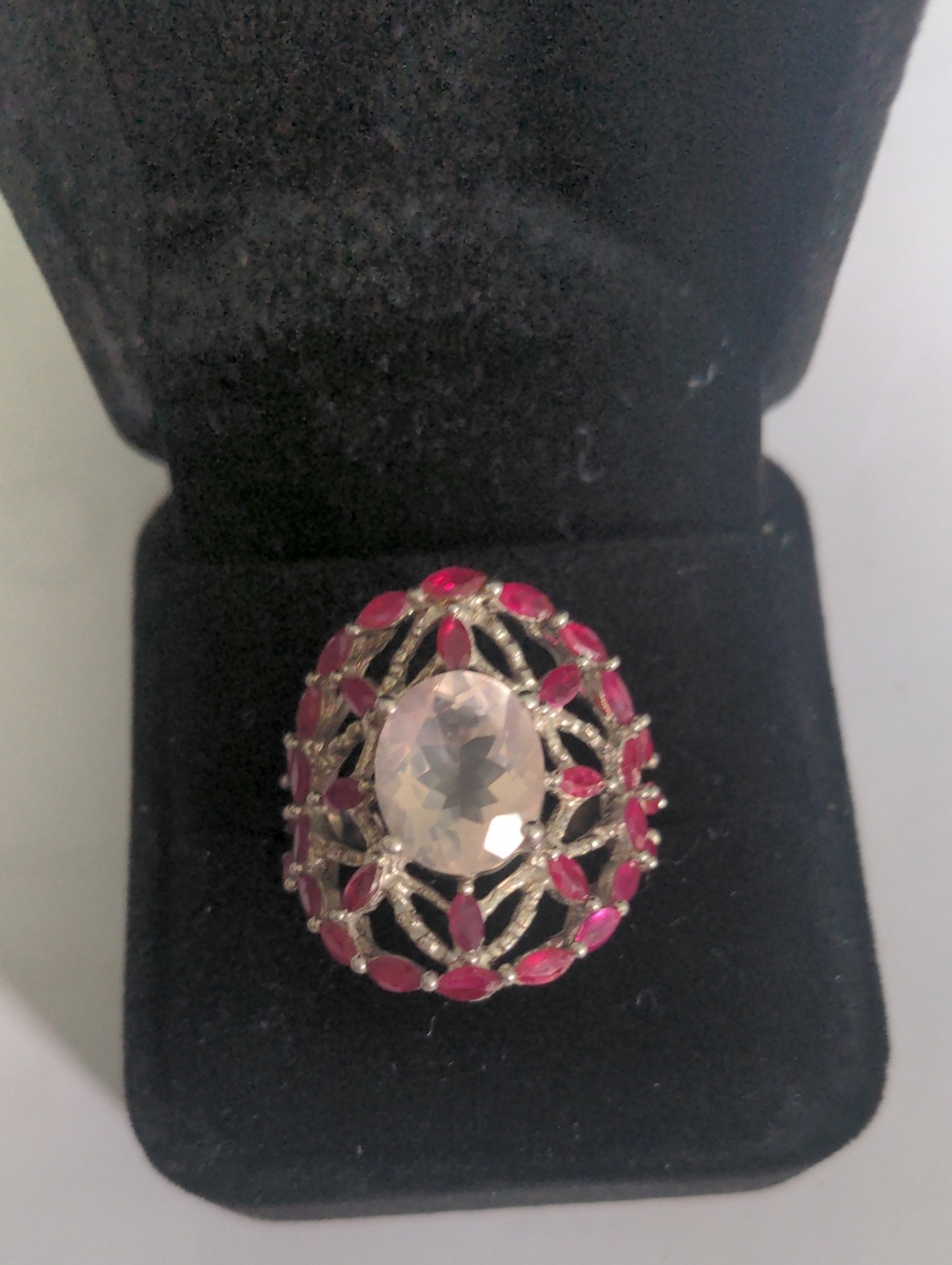 Rose Quartz & Ruby Red Sterling Silver Ring. Filagree, Cocktail Sparkle, Sz 7